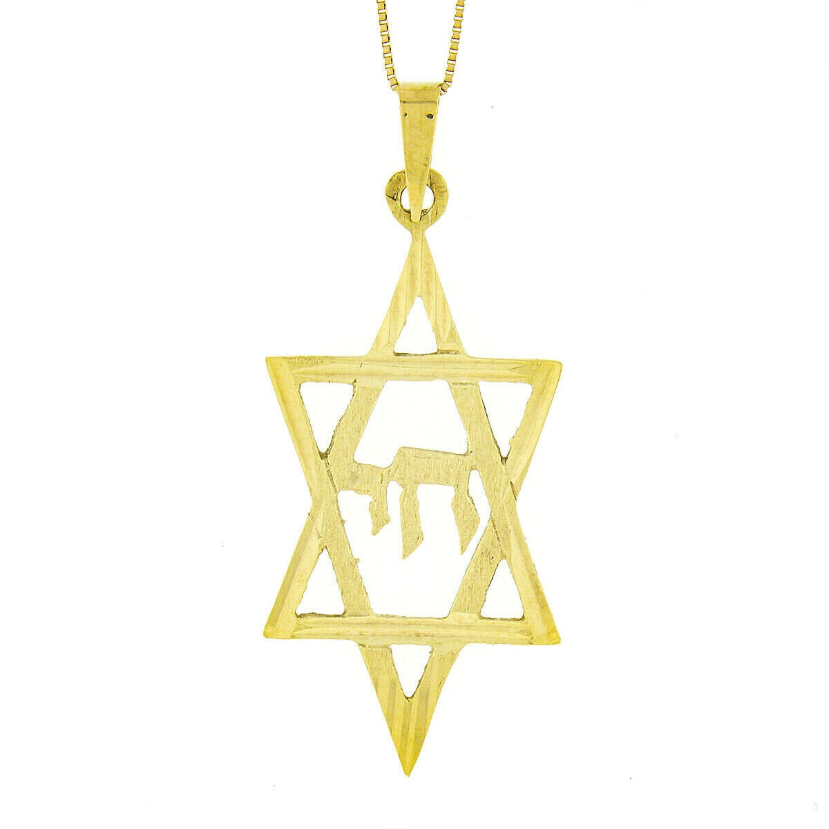 Massiver 14K Gelbgold Wendbar Großer Doppel Finish Star Of David Mit Chai Center Anhänger An 24" Box Chain Halskette Lobster Verschluss von BadisJewelers