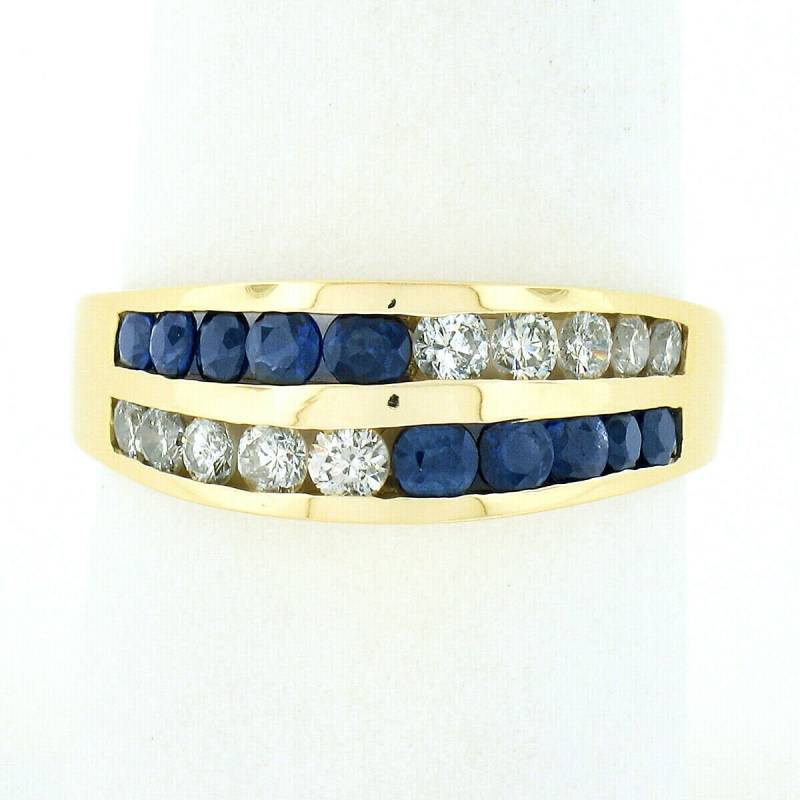 Nachlass Eleganter 14K Gelbgold 1, 10Ctw Abwechselnd Runder Brillantschliff Saphir & Diamant Dual Channel Set Gewölbt Stapelbar Band Ring von BadisJewelers
