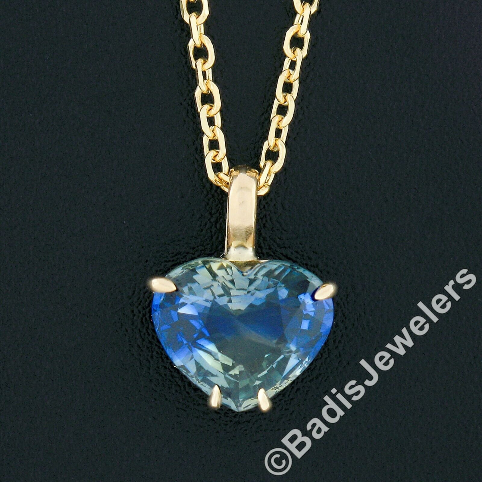 Neuer 14K Gold Gia Zertifiziertes Zoned Blue &gelb Herz Saphir Solitär Anhänger An 18" Kabel Gliederkette Halskette Mit Hummer Krallenverschluss von BadisJewelers