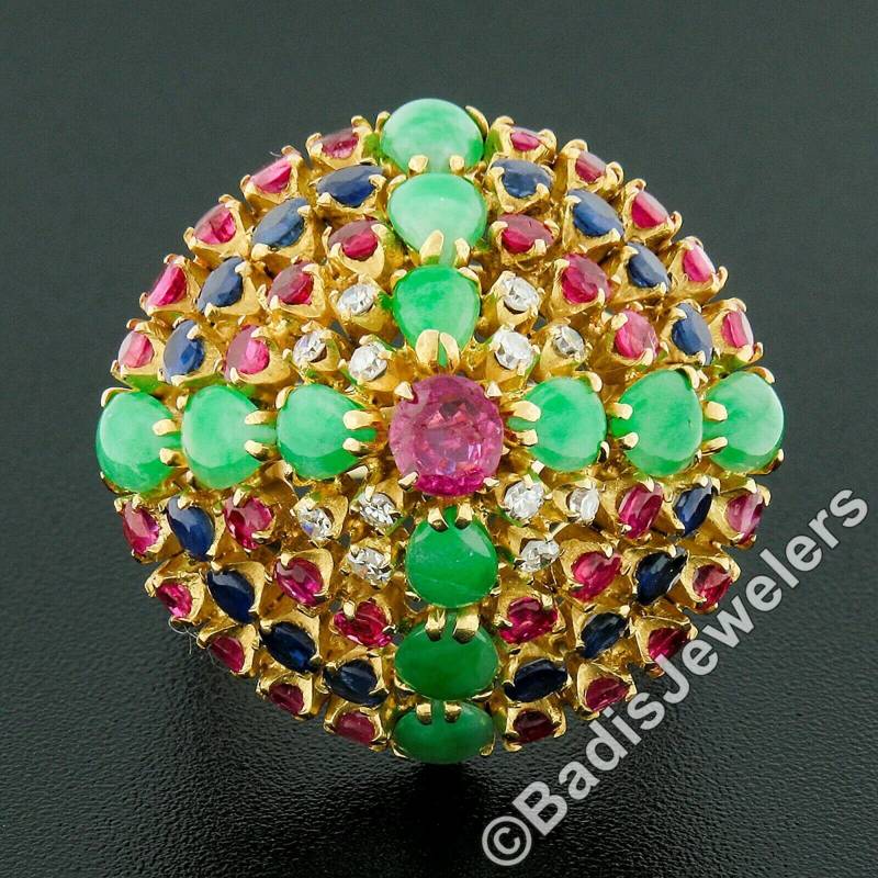 Vintage 14K Gelbgold 4.0Ctw Altschliff Rubin Saphir Diamant & Birne Cabochon Jade Gewölbte Pyramide High Profile Weihnachtsbaum Cocktail Ring von BadisJewelers