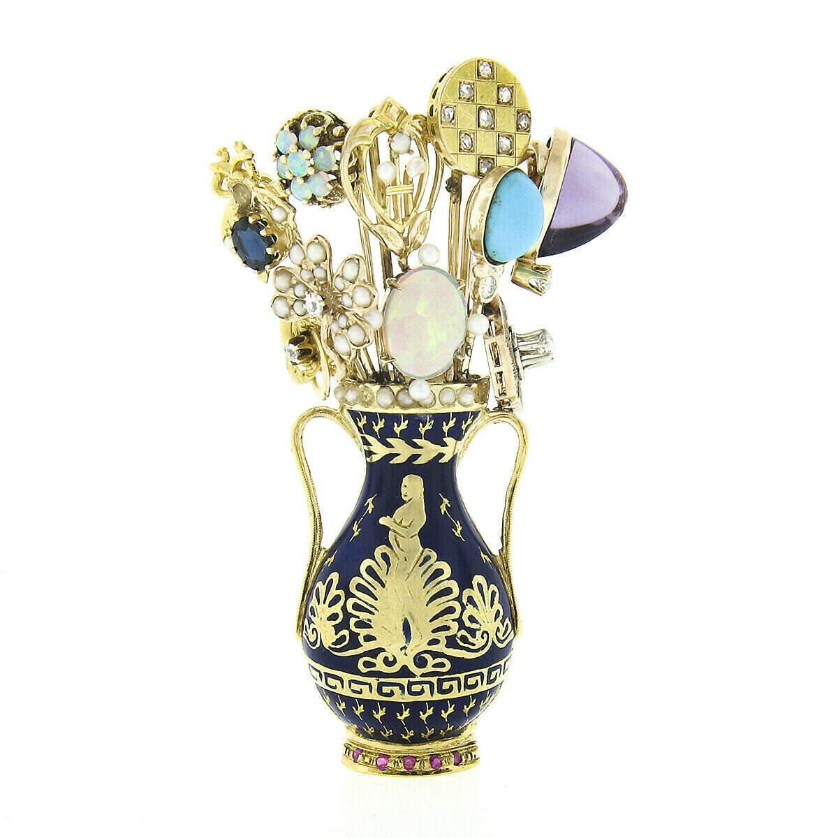 Vintage 18K Gelbgold Königsblaue Emaille Vase Mit 0, 30Ctw Diamant & Multi Edelstein Bouquet Antik Stick Pin Bundle Brosche von BadisJewelers