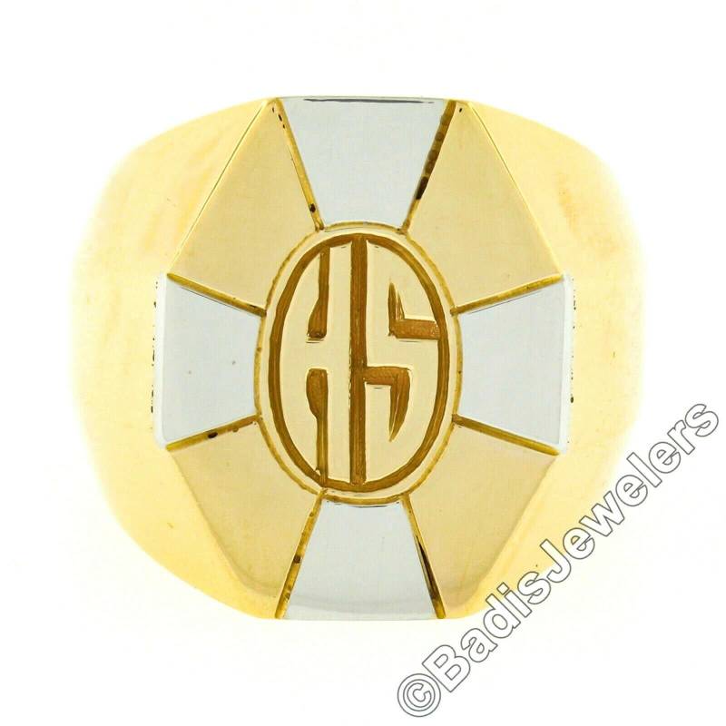 Vintage Herren/Unisex Massiv 14K Zweifarbig Gelb Und Weiß Gold Initiale "Sh" Poliert Breiter Unikat Signet Ring in Ausgezeichnetem Zustand von BadisJewelers