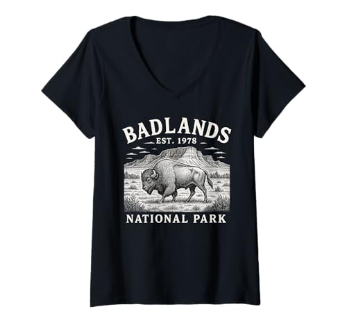 Damen Bison, South Dakota, Büffel-Souvenir im Badlands-Nationalpark T-Shirt mit V-Ausschnitt Damen Bison, South Dakota, Büffel-Souvenir im Badlands-Nationalpark T-Shirt mit V-Ausschnitt von Badlands National Park Hiking Camping Apparel