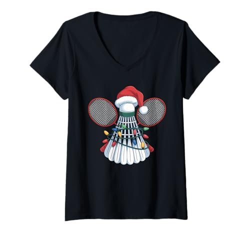Damen Lustige Weihnachts-Badminton-Weihnachtsmannmütze, Weihnachtsbeleuchtung T-Shirt mit V-Ausschnitt Damen Lustige Weihnachts-Badminton-Weihnachtsmannmütze, Weihnachtsbeleuchtung T-Shirt mit V-Ausschnitt von Badminton Christmas Apparel Co.