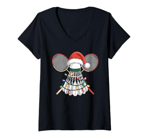 Damen Lustige Weihnachts-Badminton-Weihnachtsmannmütze, Weihnachtsbeleuchtung T-Shirt mit V-Ausschnitt Damen Lustige Weihnachts-Badminton-Weihnachtsmannmütze, Weihnachtsbeleuchtung T-Shirt mit V-Ausschnitt von Badminton Christmas Apparel Co.