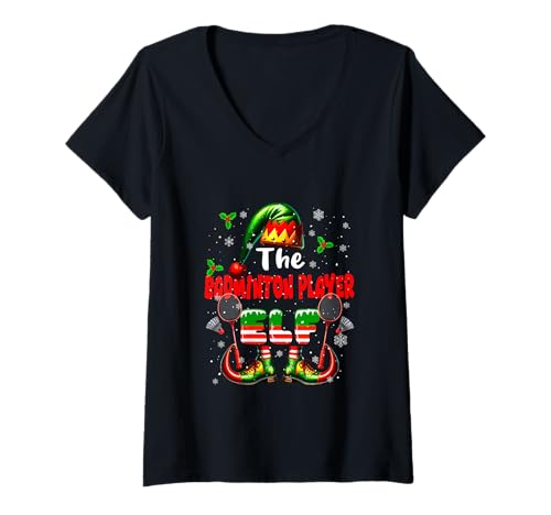 Damen Matching Partys des Badmintonspieler-Elfenteams zum Weihnachtsjob T-Shirt mit V-Ausschnitt von Badminton Christmas Costume