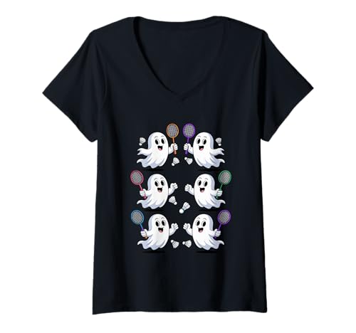Damen Halloween Geist Badminton Federball Schläger T-Shirt mit V-Ausschnitt Damen Halloween Geist Badminton Federball Schläger T-Shirt mit V-Ausschnitt von Badminton Player Badmintoner Gifts
