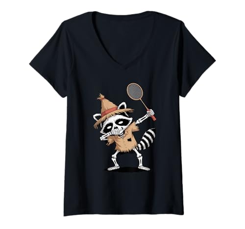 Damen Halloween Waschbär Dabbing Badminton Waschbären T-Shirt mit V-Ausschnitt Damen Halloween Waschbär Dabbing Badminton Waschbären T-Shirt mit V-Ausschnitt von Badminton Player Badmintoner Gifts
