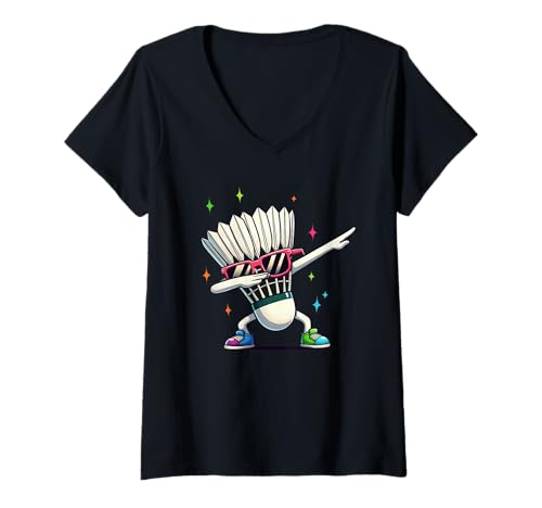 Damen Funny Badminton Player Kids Boys Men Women Shuttlecock Dab T-Shirt mit V-Ausschnitt von Badminton Sports Dabbing Gifts