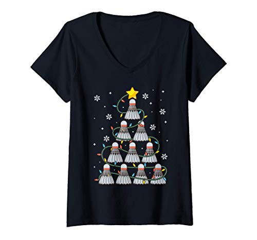 Damen Federball Grafik Badminton Spieler Geschenk Weihnachten T-Shirt mit V-Ausschnitt von Badminton-Weihnachtsbaum-Bekleidung