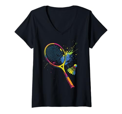 Damen Badmintonschläger Bunt Badminto T-Shirt mit V-Ausschnitt Damen Badmintonschläger Bunt Badminto T-Shirt mit V-Ausschnitt von Badmintonspieler Federball