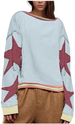 BaeKnyin Damen Rundhalsausschnitt Retro Casual Hoodie mit Sternenmuster-Red-L1 von BaeKnyin