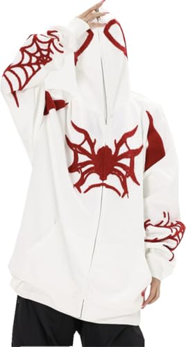 BaeKnyin Erwachsene Halloween Spinne Stickerei Retro Loose Hoodie-White-M1 von BaeKnyin