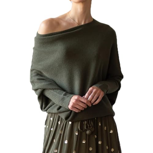 Baenxo Asymmetrisch Drapierter Pullover Damen Pulli Fledermausärmel Lockerer Strickpullover Übergroß von Baenxo
