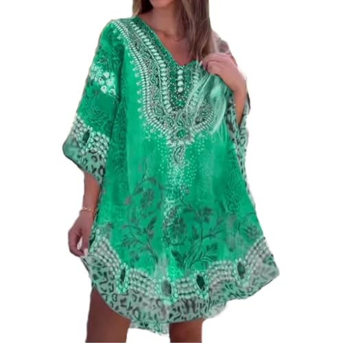 Baenxo Asymmetrisches Damenkleid mit V-Ausschnitt und Lockerem Schnitt, Frauen V-Ausschnitt Halbarm Hemdkleid Elegant Sommer Casual Einfarbig Kurzes Kleid von Baenxo