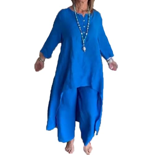 Baenxo Damen Einfarbig Leinen Freizeitanzug Leinenanzug Sommer Leinen Zweiteiler Outfit Hose und Langarm Top 2 Teiler Anzug Set von Baenxo