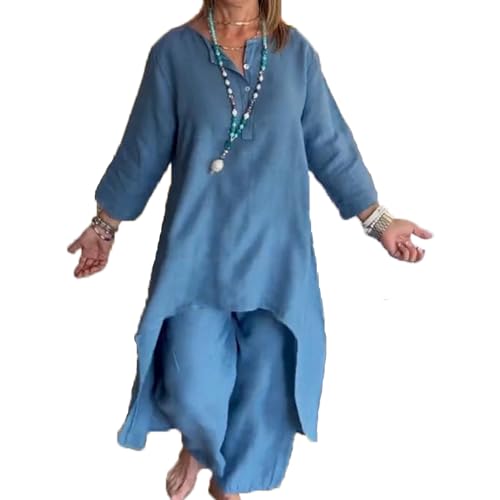 Baenxo Damen Einfarbig Leinen Freizeitanzug Leinenanzug Sommer Leinen Zweiteiler Outfit Hose und Langarm Top 2 Teiler Anzug Set von Baenxo