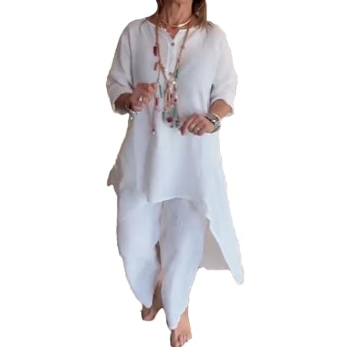 Baenxo Damen Einfarbig Leinen Freizeitanzug Leinenanzug Sommer Leinen Zweiteiler Outfit Hose und Langarm Top 2 Teiler Anzug Set von Baenxo