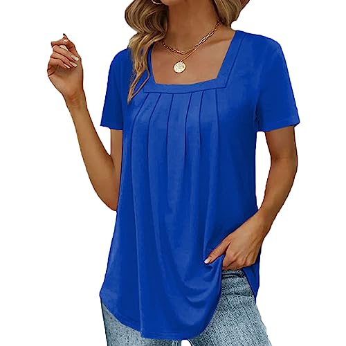 Baenxo Damen Quadratischer Ausschnitt Einfarbig Kurzärmeliges T-Shirt Square Neck Solid Color Short Sleeve T-Shirt von Baenxo