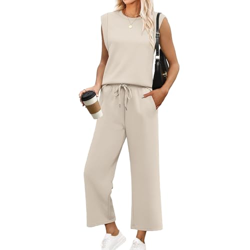 Baenxo Damen ärmelloses Oberteil und Hose mit weitem Bein 2-Teiliges Set,Frauen Casual Sleeveless Top Wide Leg Crop Pants Zweiteilige Sets von Baenxo