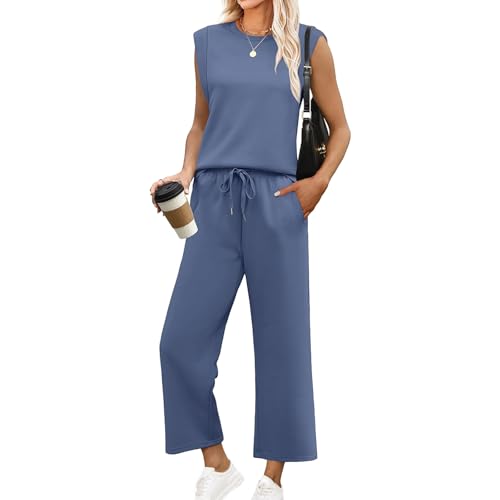 Baenxo Damen ärmelloses Oberteil und Hose mit weitem Bein 2-Teiliges Set,Frauen Casual Sleeveless Top Wide Leg Crop Pants Zweiteilige Sets von Baenxo