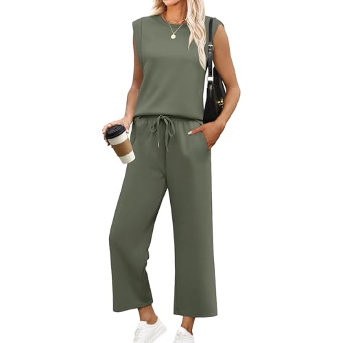 Baenxo Damen ärmelloses Oberteil und Hose mit weitem Bein 2-Teiliges Set,Frauen Casual Sleeveless Top Wide Leg Crop Pants Zweiteilige Sets von Baenxo