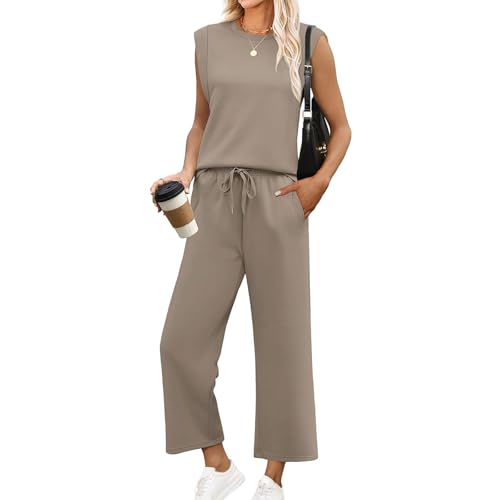 Baenxo Damen ärmelloses Oberteil und Hose mit weitem Bein 2-Teiliges Set,Frauen Casual Sleeveless Top Wide Leg Crop Pants Zweiteilige Sets von Baenxo