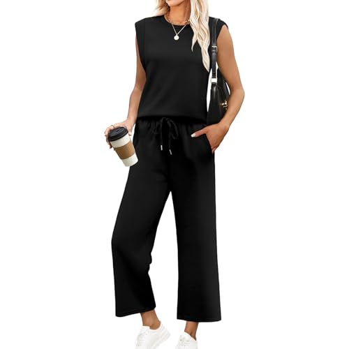Baenxo Damen ärmelloses Oberteil und Hose mit weitem Bein 2-Teiliges Set,Frauen Casual Sleeveless Top Wide Leg Crop Pants Zweiteilige Sets von Baenxo