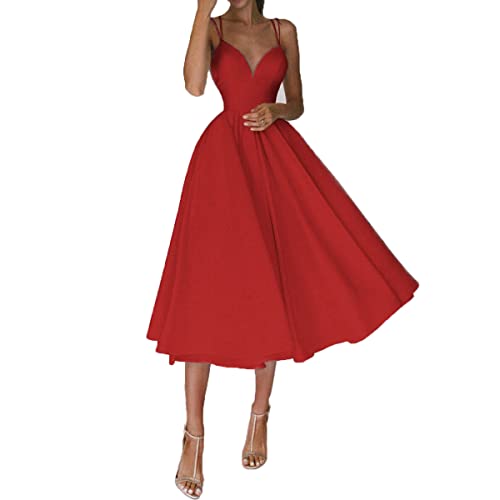 Baenxo Elegant Strappy V-Neck Dress Damen Sommer V-Ausschnitt Kleider mit Trägern Ärmellos Sommerkleid Trägerkleid Partykleider Cocktailkleider von Baenxo