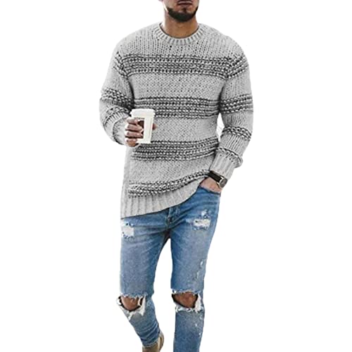 Baenxo Gestreifter Pullover mit Rundhalsausschnitt für Herren Strickpullover Rundhals Pulli Männer Bequem und Weich Warmer Winter Basic Langarm Pullover von Baenxo