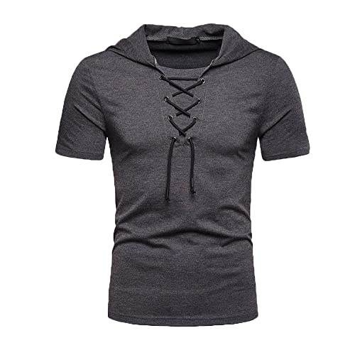 Baenxo Herren Sommer Lässiges T-Shirt mit Kordelzug V Ausschnitt Schnürhemd Lose Fit Shirt Kurzarm Sommerhemd Freizeithemd von Baenxo