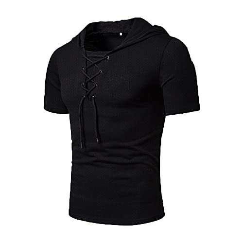 Baenxo Herren Sommer Lässiges T-Shirt mit Kordelzug V Ausschnitt Schnürhemd Lose Fit Shirt Kurzarm Sommerhemd Freizeithemd von Baenxo