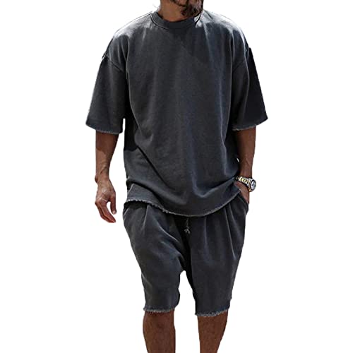 Baenxo Lässige Lockere Solide Sport-Sets Herren Sommer Sportanzug 2 Teiliges Outfit Sport Set Kurzarm T-Shirts und Hose Freizeitanzug Männer Trainingsanzug von Baenxo