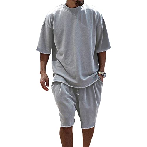 Baenxo Lässige Lockere Solide Sport-Sets Herren Sommer Sportanzug 2 Teiliges Outfit Sport Set Kurzarm T-Shirts und Hose Freizeitanzug Männer Trainingsanzug von Baenxo