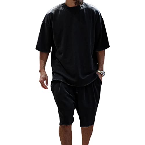 Baenxo Lässige Lockere Solide Sport-Sets Herren Sommer Sportanzug 2 Teiliges Outfit Sport Set Kurzarm T-Shirts und Hose Freizeitanzug Männer Trainingsanzug von Baenxo