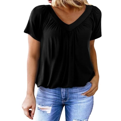 Baenxo Lässiges Damen-Top mit plissiertem V-Ausschnitt und kurzen Ärmeln, T-Shirt Damen Sommer Oberteil Elegant Lässig für Alltag Freizeit und Strandurlaub von Baenxo