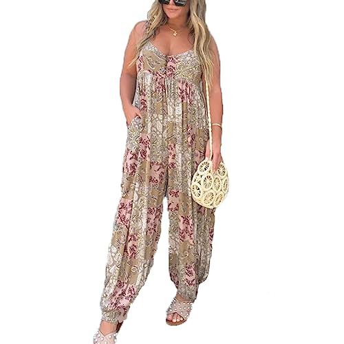 Baenxo Lockerer Overall mit Patchwork-Print Damen Lässig hohe Taille Bedruckter Träger-Overall Hosenträger Langer Playsuit mit Taschen von Baenxo