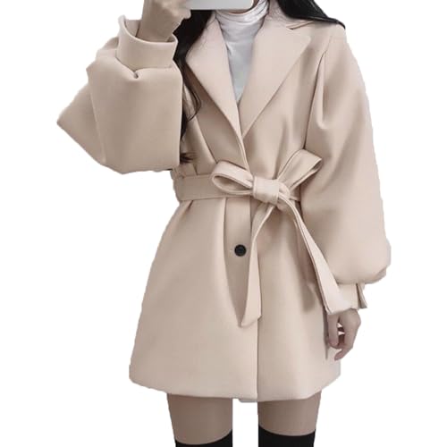 Baenxo Damen Mantel mit Reverskragen Puffärmeln und Gürtel Wintercoat Revers Lang Swing-Mantel Jacke Outwear mit Gürtel von Baenxo
