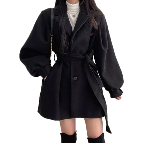 Baenxo Mantel mit Reverskragen Puffärmeln und Gürtel Damen Mantel Wintercoat Revers Lang Swing-Mantel Jacke Outwear mit Gürtel von Baenxo