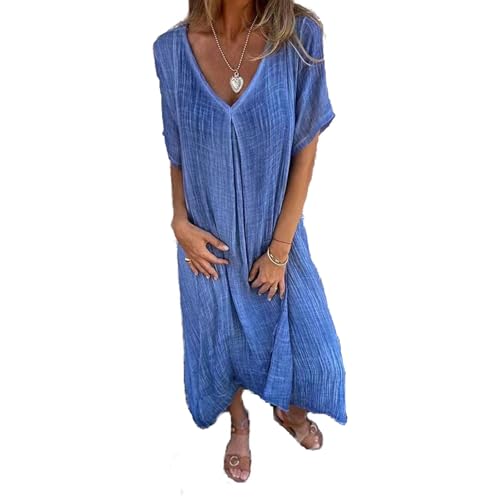 Baenxo Midikleid aus Baumwolle und Leinen mit V-Ausschnitt Leinenkleid Sommerkleid Damen Sommer Leinenkleider Baumwolle Leinen Blusenkleid Casual Freizeitkleid Strandkleider von Baenxo