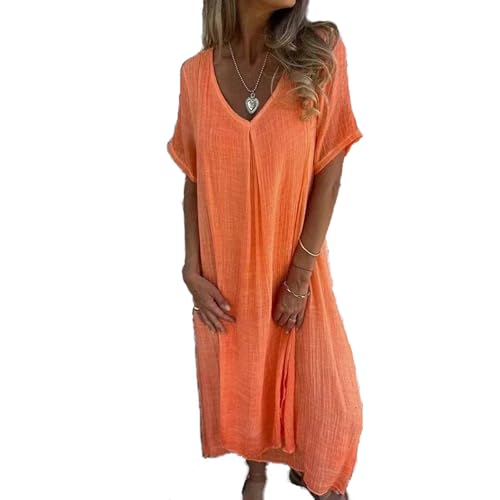 Baenxo Midikleid aus Baumwolle und Leinen mit V-Ausschnitt Leinenkleid Sommerkleid Damen Sommer Leinenkleider Baumwolle Leinen Blusenkleid Casual Freizeitkleid Strandkleider von Baenxo