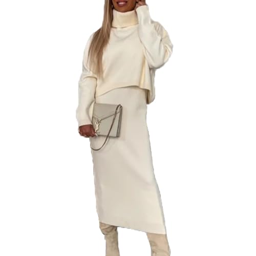 Baenxo Set aus Midikleid und Rollkragenpullover Damen Strickkleid Rollkragen Zweiteiliger Anzug Frauen Elastische Bodycon 2 Stück Set von Baenxo