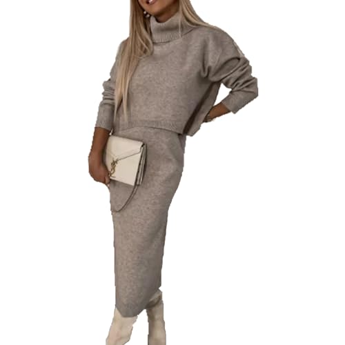 Baenxo Set aus Midikleid und Rollkragenpullover Damen Strickkleid Rollkragen Zweiteiliger Anzug Frauen Elastische Bodycon 2 Stück Set von Baenxo