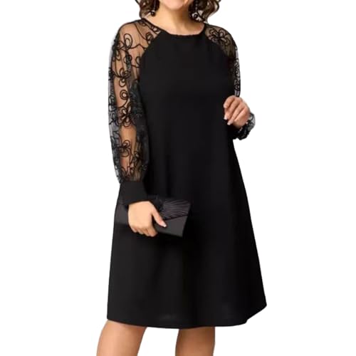 Baenxo Spitzen-Patchwork-Kleid mit Rundhalsausschnitt und Langen Ärmeln, Knielang Cocktailkleid Langarm Kleider mit Spitzen von Baenxo
