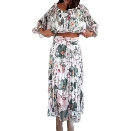 Baenxo Zweiteiliges Set mit Blumenmuster Off-Shoulder Bluse Maxirock,Zweiteiliger Maxirock für Damen,Fließender Langer Rock Sommer Strandmode von Baenxo