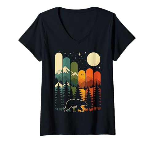 Damen Bär Natur Wald Berge Wanderer Camper T-Shirt mit V-Ausschnitt von Bär Wald Berge Wildtiere Wandern Camping