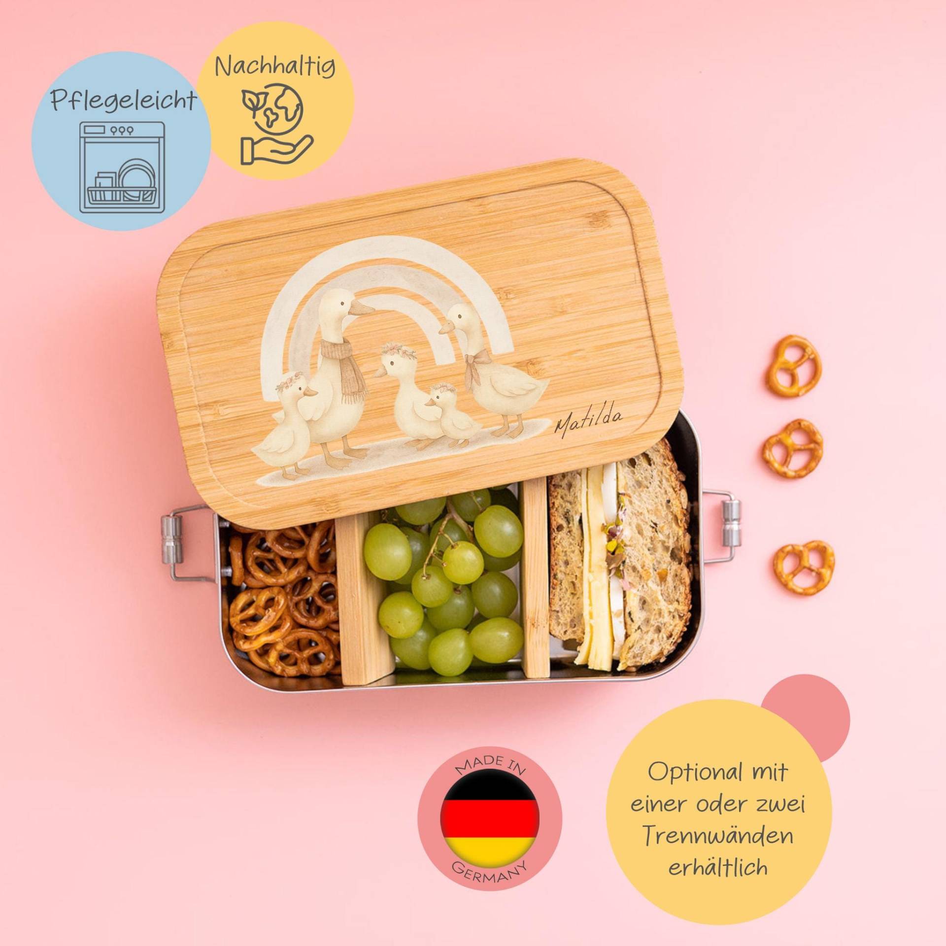Brotdose Personalisiert, Kinder, Edelstahl, Gänse, Lunchbox, Vesperdose, Taufe, Schulanfang, Kindergarten von BaerenfreundeDE