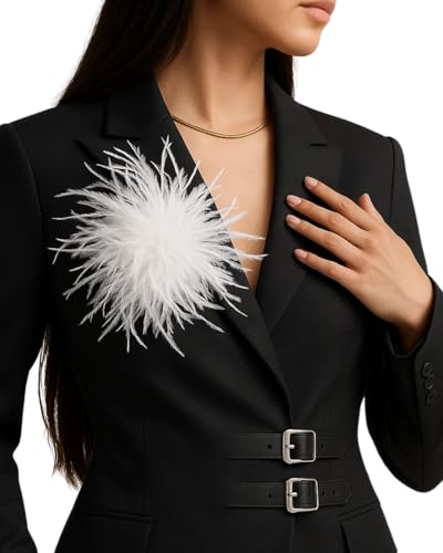Baesics Feder Brosche Weiß 2er Set - Damen Fluffy Straußenfeder Anstecker Vintage Stil Hutaccessoire Braut Hochzeit Party Fasching Haarclip Fascinator für Blazer Kleid Jacke – Boho Blumen Design von Baesics