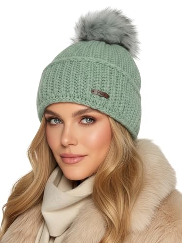 Baesics Strickmütze Mint mit Bommel Classic für Damen & Herren – warme Unisex Wintermütze mit Fleecefutter & Kunstfell Pompon One Size – Beanie Stil von Baesics