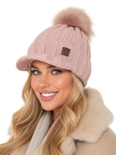 Baesics Wintermütze Rosa Cap Style Damen Herren – Gefütterte Bommelmütze mit Kunstfell Pompon, Strickmütze Beanie Stil, Made in EU, One Size, Warm & Elastisch mit Fleecefutter von Baesics